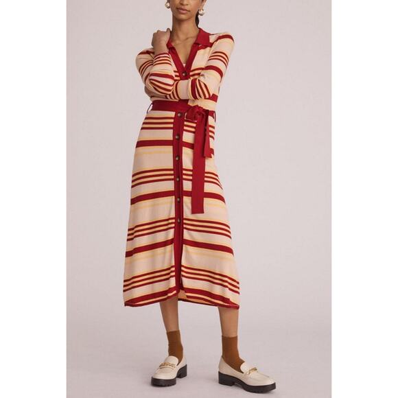 Anthropologie Maeve Sweater Maxi Shirtdress Red Multicolor Striped Button Up XS - Picture 1 of 9